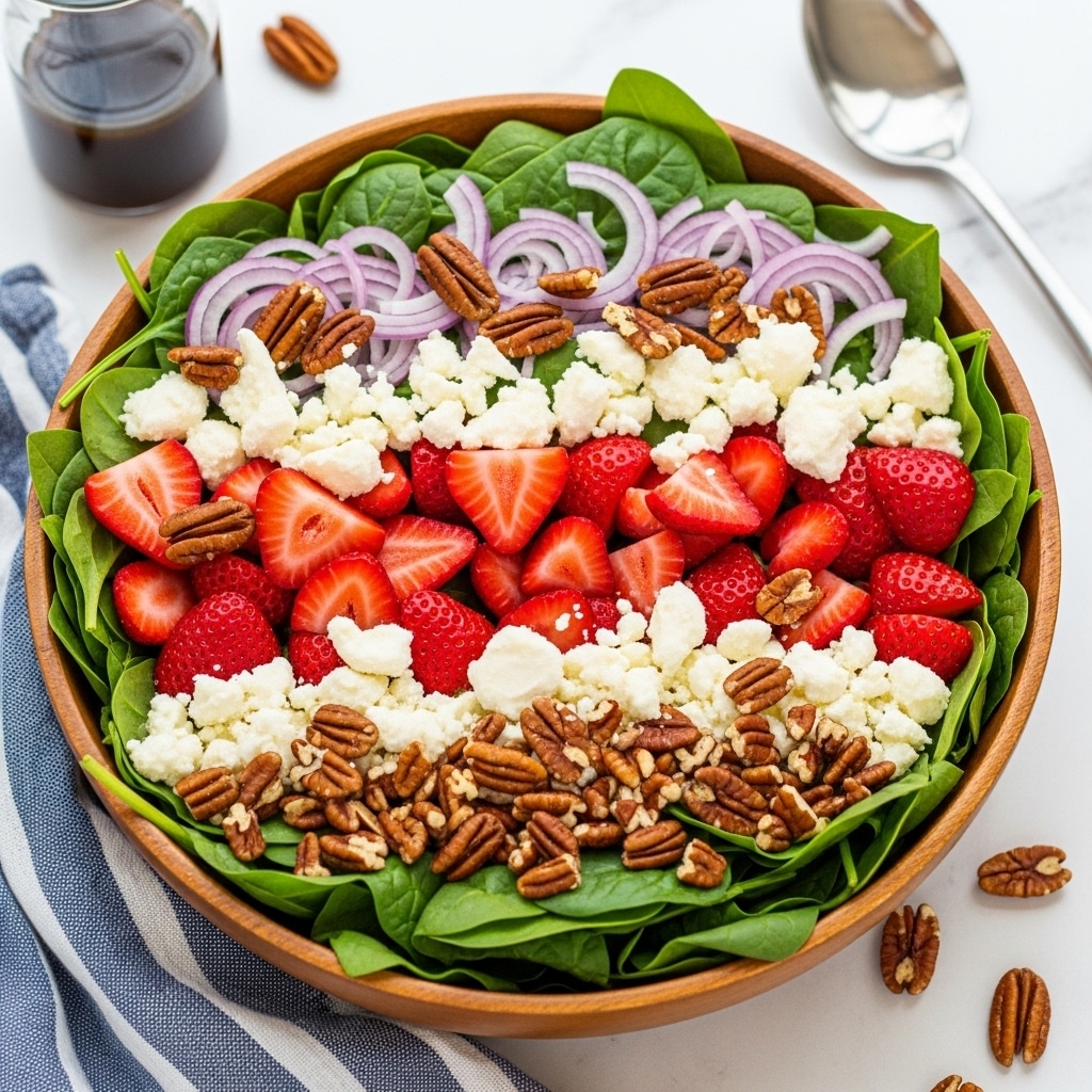 A wooden bowl filled with a fresh salad sits on a white marbled surface with a blue-striped towel nearby. The salad has three main layers: a base of green spinach leaves, a middle layer of bright red sliced strawberries scattered evenly, and a top layer made up of crumbled white cheese and chopped brown pecans spread throughout. Thin slices of light purple onion are mixed in, adding more color and texture. Some crushed pecans are also scattered around the bowl on the surface, with a glass of dark dressing and a silver spoon in the background. photo taken with an iphone --ar 4:5 --v 7