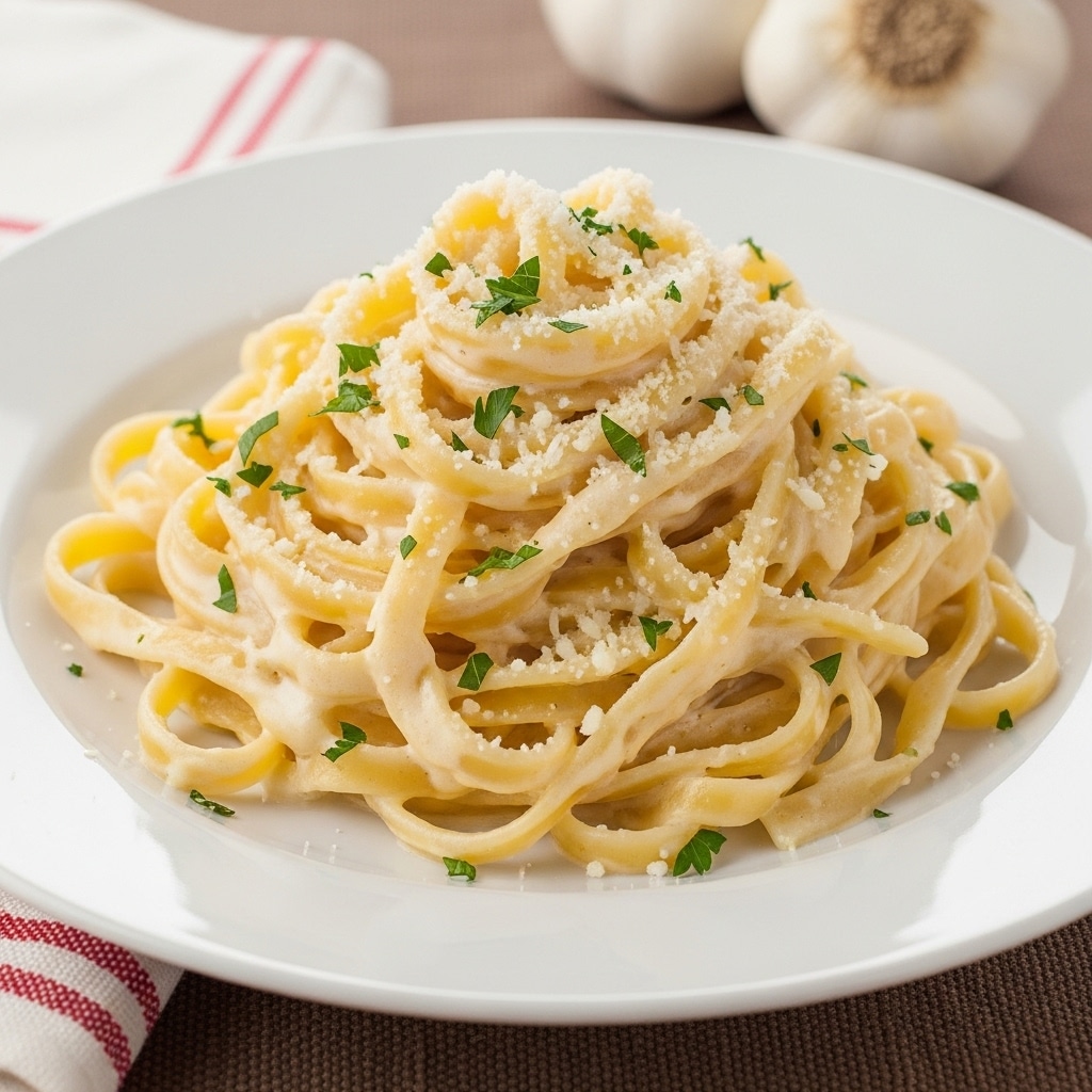 A white plate holds a mound of creamy fettuccine pasta, coated in a smooth, pale yellow sauce. The pasta is topped with finely grated white cheese and sprinkled with small green parsley leaves, adding a touch of color. The plate sits on a brown textured surface with a red and white striped cloth, and a bulb of garlic is visible in the background. The overall look is rich and appetizing with soft, creamy textures. photo taken with an iphone --ar 4:5 --v 7