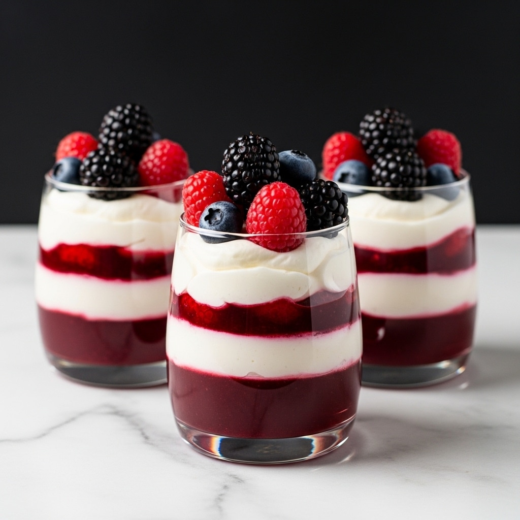 Three clear glass dessert cups filled with layered berry parfaits sit against a dark background on a white marbled surface. Each cup has three layers: a deep red berry jelly at the bottom with a smooth and shiny texture, a white creamy layer above it with soft, swirled peaks, and on top, a mix of fresh berries including bright red raspberries, dark blackberries, and a couple of small blue blueberries, all arranged in a small pile. The lighting highlights the gloss of the jelly and the freshness of the berries, making the dessert look rich and inviting. photo taken with an iphone --ar 4:5 --v 7