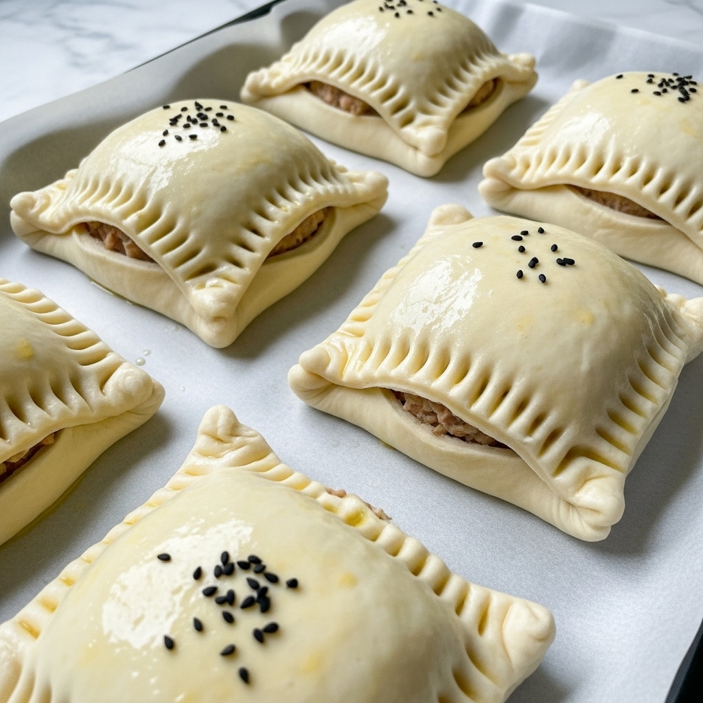 The image shows several square-shaped pastries on a baking tray lined with parchment paper, placed on a white marbled surface. Each pastry has two layers: a pale, slightly glossy dough exterior with crimped edges created by pressing a fork, sealing the filling inside. The dough is light cream in color with a subtle shine from an egg wash. Some pastries are decorated with a few small black seeds on top. The texture of the dough looks soft and slightly puffy, positioned close together before baking. Photo taken with an iphone --ar 4:5 --v 7