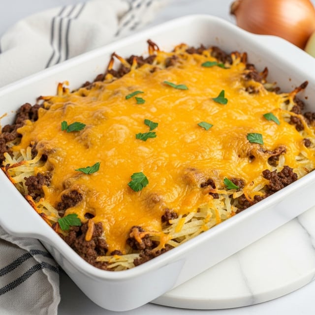 A baked casserole in a white rectangular dish shows three main layers: the bottom layer is a mix of browned ground beef and light-colored grated potatoes, the middle layer consists of more shredded potatoes mixed with small bits of beef, and the top layer is covered with melted, bright orange cheddar cheese. Small green parsley flakes are sprinkled over the cheese for a touch of color, and the edges of the dish have some browned, crispy bits of cheese and potatoes. The dish sits on a white marbled surface with a striped blue and white cloth partly visible in the background. photo taken with an iphone --ar 4:5 --v 7