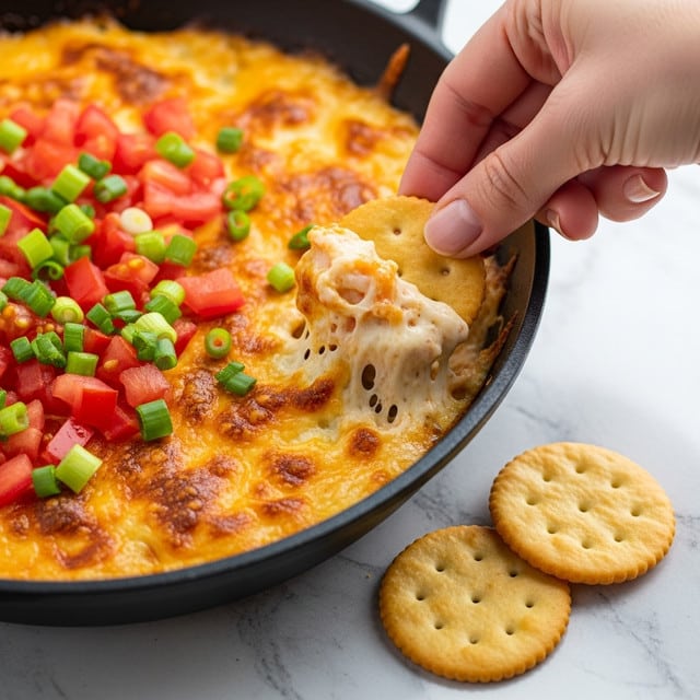 A close-up view of a black skillet filled with a creamy, golden brown baked cheesy dip with a slightly bubbly and browned top layer. On one side, there are bright red diced tomatoes and fresh green chopped scallions scattered over the dip. A woman's hand is dipping a light brown round cracker into the soft, creamy cheese layer. Two more crackers lie on a light gray surface next to the skillet, which sits on a white marbled texture. photo taken with an iphone --ar 4:5 --v 7