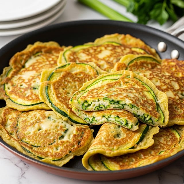 The image shows several flat, round zucchini pancakes cooked to a golden brown with slightly crispy edges, stacked overlapping on a baking tray lined with parchment paper. The pancakes have visible thin green strips of zucchini and melted cheese, which gives a textured look with light browns and yellows mixed with green flecks throughout. The pancakes are folded slightly in the front, showing their thin and soft layers. In the blurry background, there is a white bowl filled with green salad on a white marbled surface. The overall color palette is warm with natural daylight shining from the side. Photo taken with an iphone --ar 4:5 --v 7