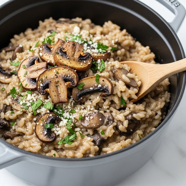 A close-up view of creamy mushroom risotto inside a gray cast iron pot, filled with thick, soft, light brown rice mixed with darker brown cooked mushroom slices, and topped with a few whole sautéed mushrooms with a slightly crisp texture. There are small bits of finely chopped green herbs and white grated cheese sprinkled on top, adding a fresh and textured contrast. A wooden spoon is partially visible on the right side, lifting some risotto, all set on a white marbled surface. Photo taken with an iphone --ar 4:5 --v 7