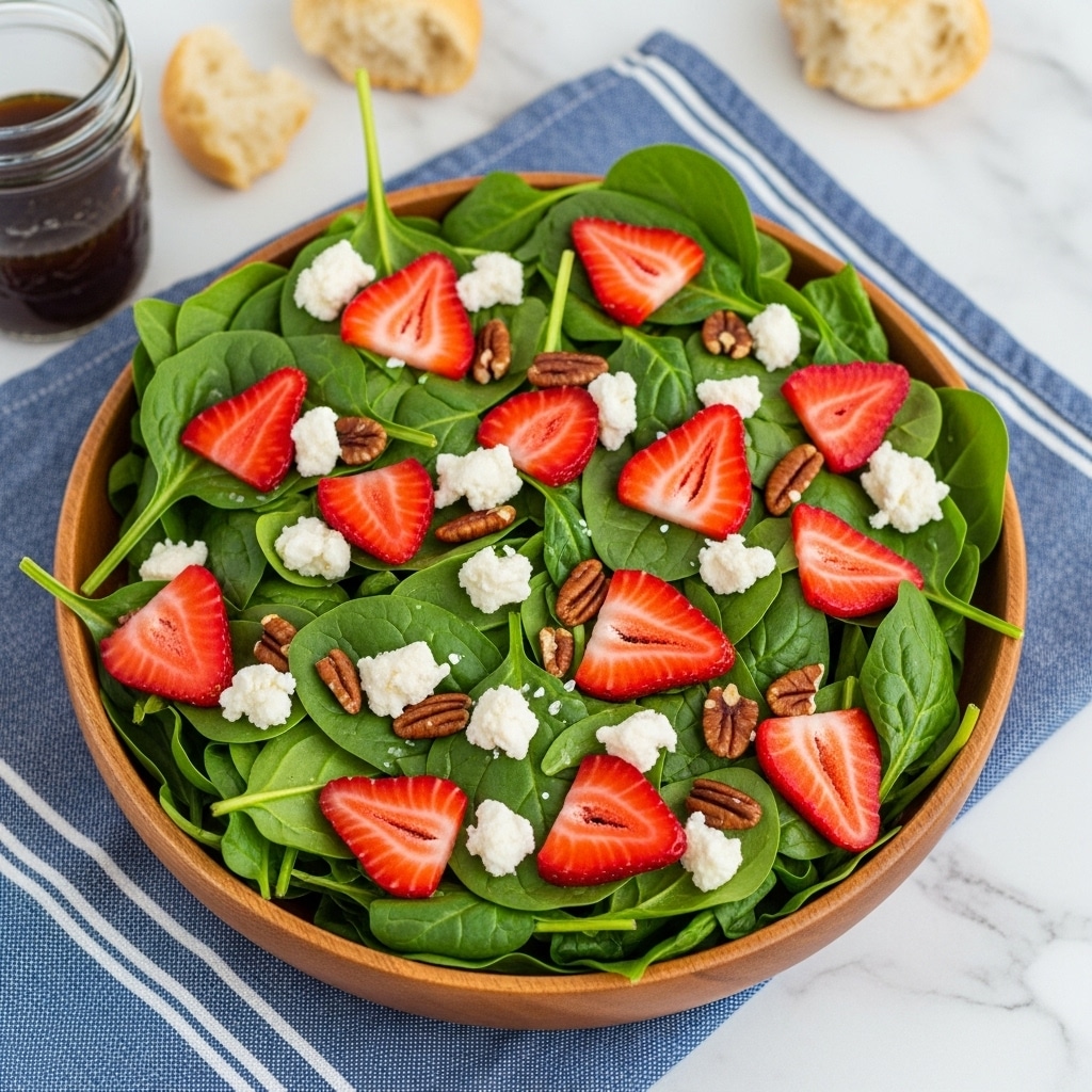 A wooden bowl filled with a fresh salad sits on a blue striped cloth over a white marbled surface. The salad has a base layer of dark green spinach leaves, topped with bright red sliced strawberries scattered evenly. Crumbled white cheese and small pieces of brown pecans are sprinkled on top, adding texture and contrast. The salad looks fresh and vibrant, with a jar of dark dressing nearby and pieces of broken bread in the background. Photo taken with an iphone --ar 4:5 --v 7