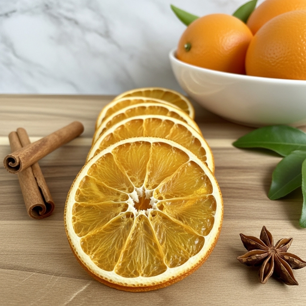 The image shows five thin slices of dried orange arranged on a light brown wooden surface with a white marbled texture blurred in the background, the slices are vibrant orange with lighter, textured edges. The front slice is closest and largest, showing clear pale segments and veins. There are two cinnamon sticks positioned to the left of the orange slices, light brown with a slightly rough texture, and a single star anise sitting near the bottom right, dark brown with a star shape. In the background, a white bowl holds some whole fresh oranges with a smooth, bright orange peel, and green leaves are faintly visible on the right side. Photo taken with an iphone --ar 4:5 --v 7