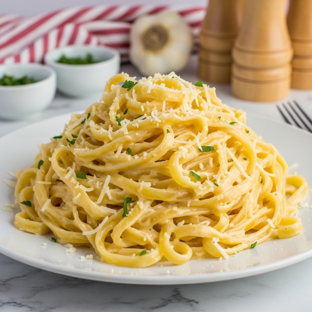 A white plate holds a large mound of creamy fettuccine alfredo pasta, coated in a smooth, pale yellow cheese sauce with a slightly glossy texture. The pasta strands are thick and flat, piled high with small green herbs sprinkled over the top, and finely shredded white cheese scattered across the surface. The plate rests on a white marbled surface, with a red and white striped cloth and a garlic bulb blurred in the background, alongside small white bowls of herbs and a grouping of wooden salt and pepper shakers. Photo taken with an iphone --ar 4:5 --v 7