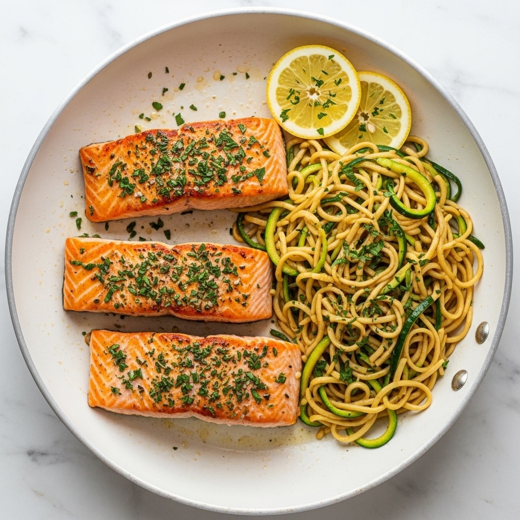 The image shows a close-up view of a white plate with a cooked salmon fillet and a serving of pasta. The salmon is cut into several thick slices, each with a pinkish-orange color and a slightly crispy surface dotted with green herbs. The piece on the right side of the plate shows flaky texture inside. Next to the salmon on the right side, there is a nest of golden-yellow pasta strands, lightly seasoned and garnished with green herbs, with a thin slice of lemon placed on top of the pasta. The plate is set on a white marbled surface and a fork rests on the left edge of the plate. A woman's hand is visible holding the fork. Photo taken with an iphone --ar 4:5 --v 7