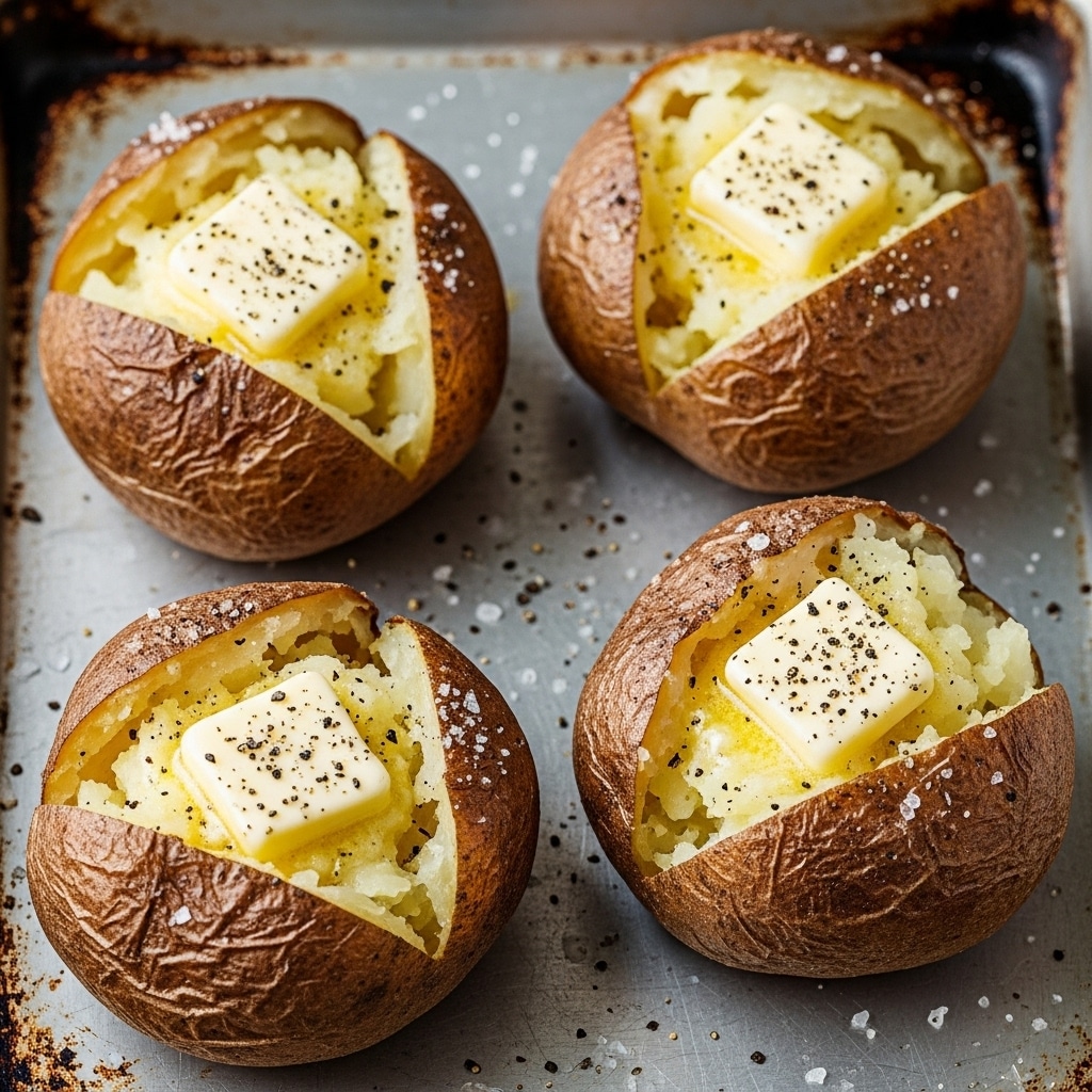 The image shows four baked potatoes on a worn metal tray. Each potato has a rough brown skin, split open to reveal soft, pale yellow inside layers. Inside each split potato is a square piece of melting butter sitting on the fluffy potato layer. The potatoes are sprinkled with coarse black pepper and salt grains, adding a speckled texture on top. The tray has a slightly rusty and used look around the edges, contrasting with the warm, soft potatoes. photo taken with an iphone --ar 4:5 --v 7