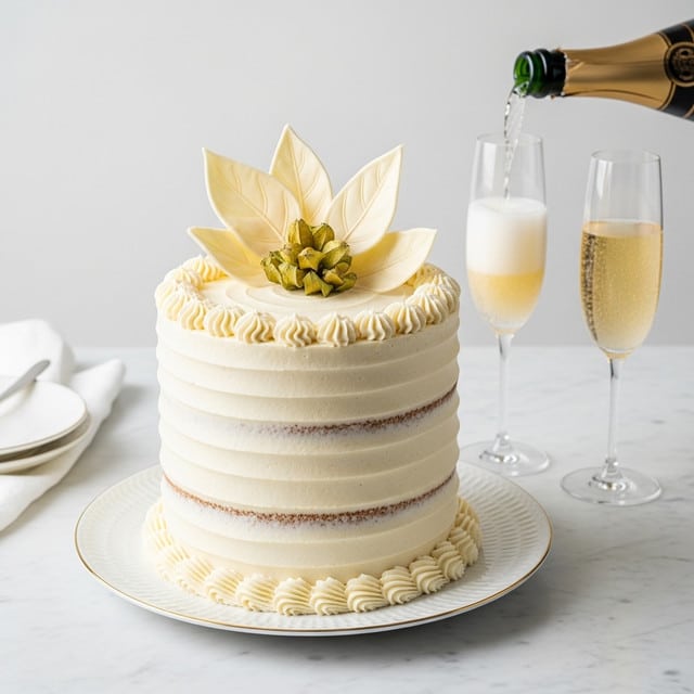 A tall, round cake with smooth, creamy white frosting covering the entire outside, showing soft horizontal lines circling the sides. On top, there are layered white poinsettia-shaped decorations with detailed veining, accented with small shiny golden balls at the center and a few green leaves underneath them. The cake sits on a transparent, decorative glass cake stand with a gold-colored base. The scene also includes two glasses with a golden drink in the background and a stack of white plates with beside them a few shiny gold ornaments and a ribbon. All is placed on a white marbled surface. photo taken with an iphone --ar 4:5 --v 7