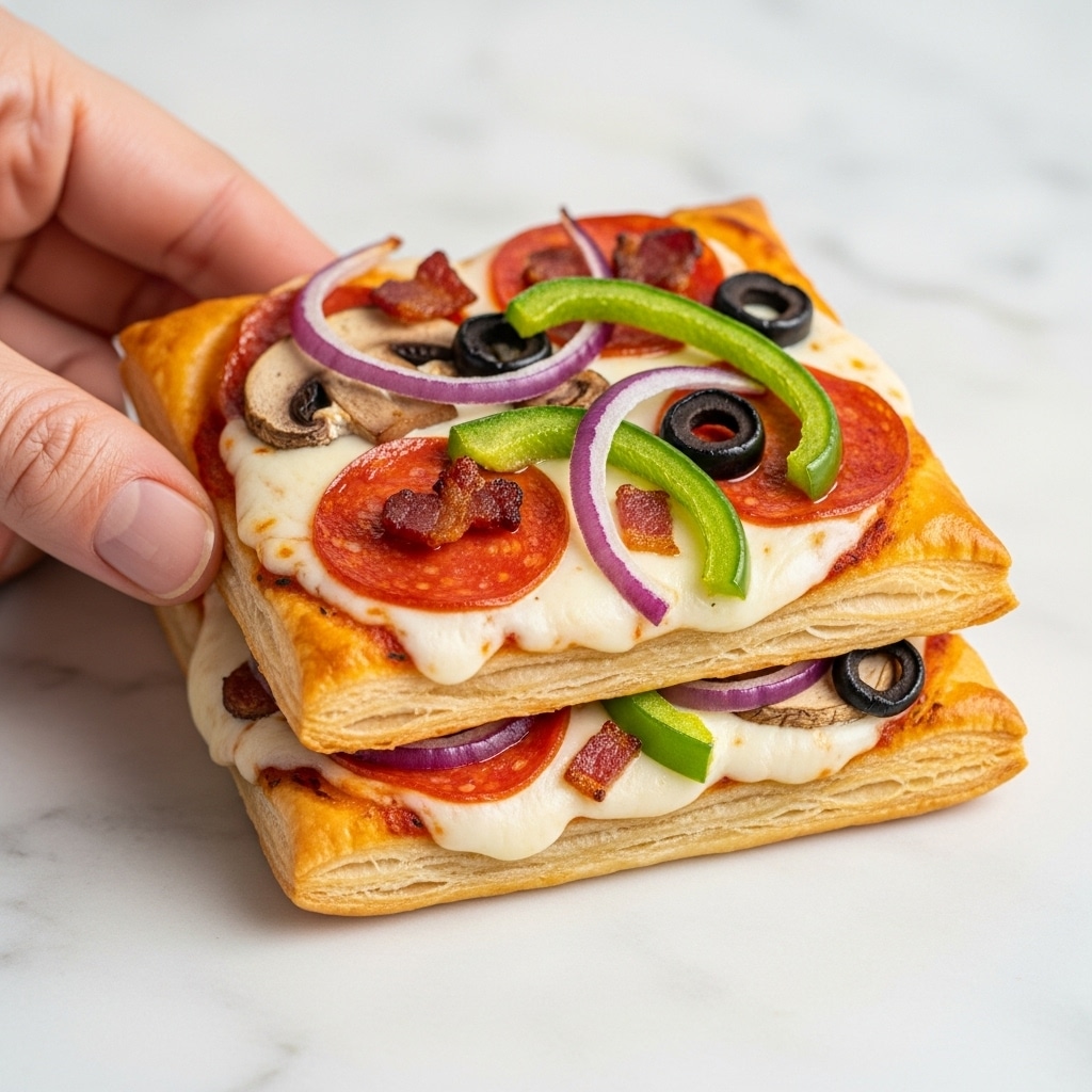A small square pizza with three visible layers sits on a white marbled surface. The bottom layer is a golden, flaky crust with puffy edges. The middle layer is white, melted cheese spread evenly above the crust. The top layer includes circular red pepperoni slices, green bell pepper strips, thin red onion slices, black olive rings, brown mushroom slices, and small pieces of crispy bacon scattered across the cheese. A woman's hand is holding one pizza square from the bottom left corner, showing the pizza's thickness and toppings close up. Photo taken with an iphone --ar 4:5 --v 7