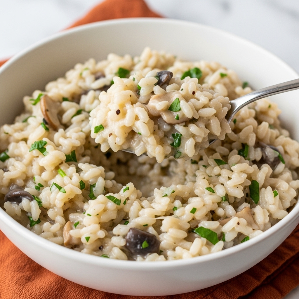 A close-up view of creamy risotto served in a white bowl, showing creamy white rice grains mixed with tiny green herbs and small bits of mushrooms throughout. A spoon lifts a portion of the risotto, revealing the soft and slightly sticky texture of the dish. The bowl is sitting on top of a rust-colored cloth, and the background is a white marbled texture. photo taken with an iphone --ar 4:5 --v 7