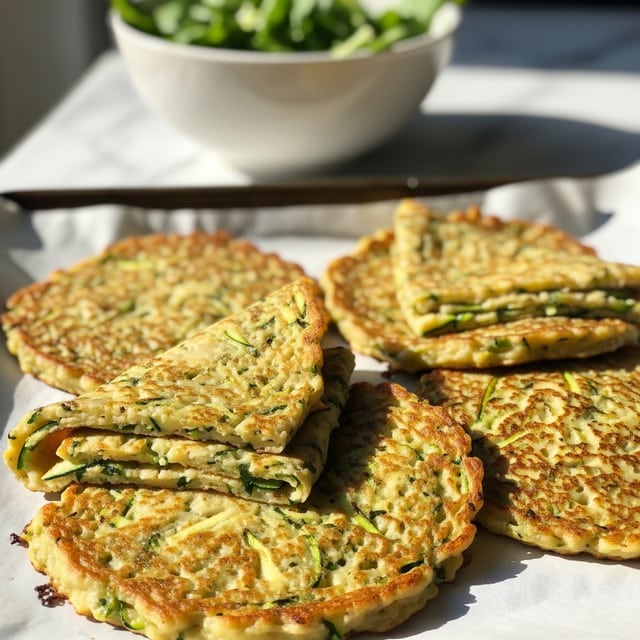 The image shows a pan with several golden brown zucchini pancakes that are thin and slightly crispy around the edges. Each pancake has a mix of green zucchini strips and melted cheese, giving textures of soft and crunchy. The pancakes are overlapping in the pan, some folded gently in half, showing both the browned outer side and the softer inside. The background includes blurred white plates and green vegetables on a white marbled surface. photo taken with an iphone --ar 4:5 --v 7