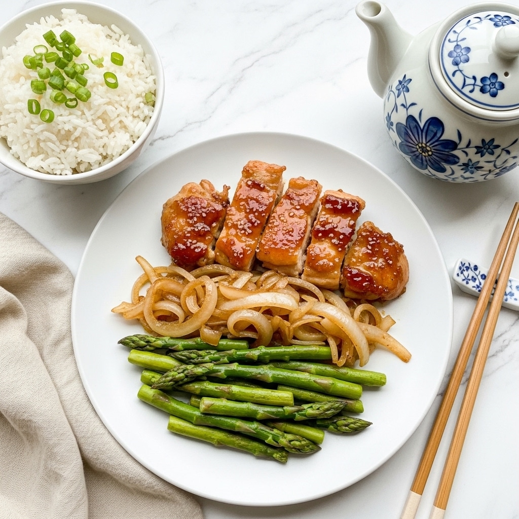 A white plate holds a stir-fry with three layers: the bottom layer is light green asparagus stalks cut into pieces, next a layer of light brown cooked onion slices, and on top, golden-brown cooked chicken pieces with a shiny glaze. To the upper left of the plate, there is a white bowl filled with white rice sprinkled with chopped green onions. Above the plate to the right, a white ceramic teapot with a blue floral design and lid is placed. Wooden chopsticks lie across the white marbled surface beside the plate, with a beige cloth partially visible at the bottom left corner of the image. Photo taken with an iphone --ar 4:5 --v 7