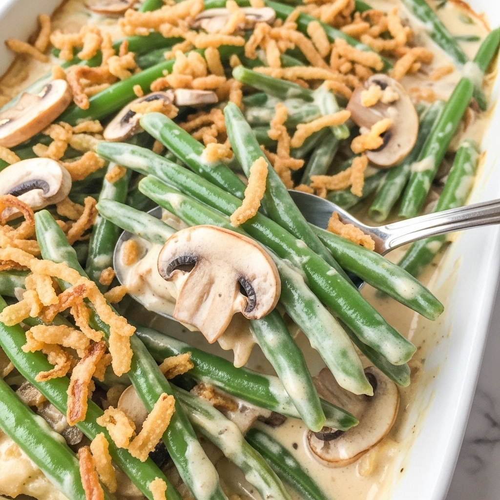 The image shows a creamy green bean casserole with layers of bright green beans, light brown cooked mushroom slices, and crispy golden-brown fried onions mixed throughout. The casserole is covered in a smooth, rich off-white cream sauce that coats every ingredient. A silver spoon is scooping up a portion, lifting several vibrant green beans covered in sauce. The dish rests on a white marbled surface. photo taken with an iphone --ar 4:5 --v 7