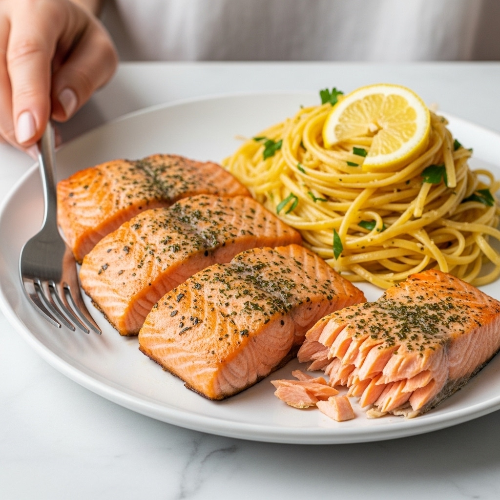 Three thick pieces of cooked salmon with a shiny, golden-brown surface speckled with fresh green herbs lie side by side in a white frying pan. To the right of the salmon, a heap of slightly glossy noodles mixed with green zucchini strips and herbs fills the rest of the pan. Two thin lemon slices with herbs rest on top of the noodles near the upper right corner. The pan sits on a white marbled surface. photo taken with an iphone --ar 4:5 --v 7