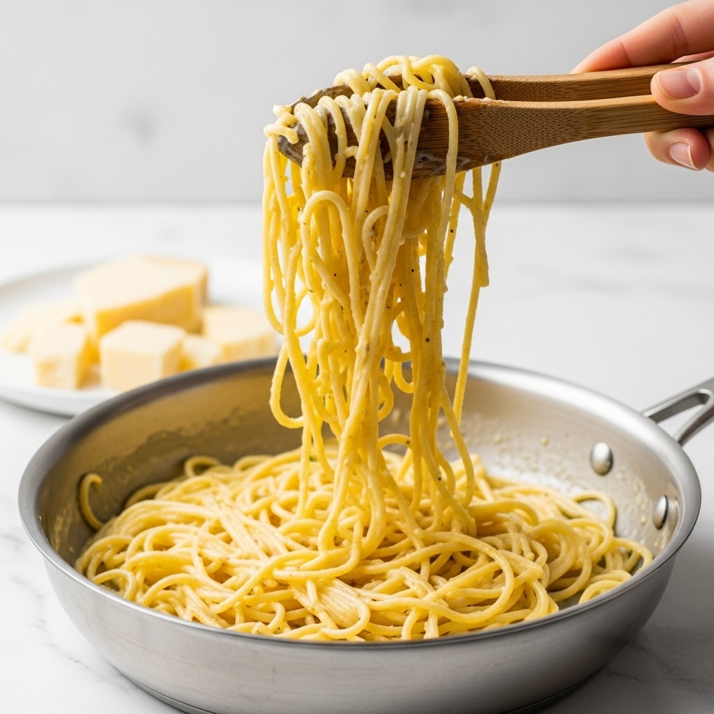 The image shows a close-up of creamy spaghetti coated in a pale yellow sauce with visible specks of black pepper, twisting up from a shiny silver pan using wooden tongs held by a woman's hand. The spaghetti looks smooth and glossy, with the sauce evenly covering each strand. In the background, there is a white plate holding chunks of pale yellow cheese. The setting is on a white marbled surface, making the colors of the pasta and cheese stand out clearly. Photo taken with an iphone --ar 4:5 --v 7