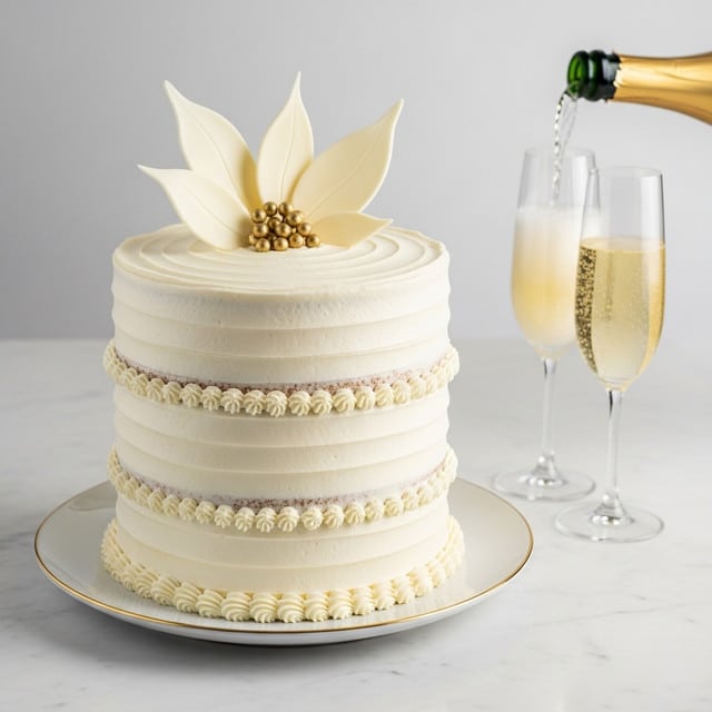 A tall, round cake with three smooth layers covered in creamy white frosting, decorated with horizontal ridges around the sides. The top has a swirl pattern of the frosting and is adorned with large, white edible leaves and small gold berries in the center. The cake sits on a white plate with a gold edging, placed on a white marbled surface. To the right, champagne is being poured into two clear glasses, adding a festive feel. photo taken with an iphone --ar 4:5 --v 7