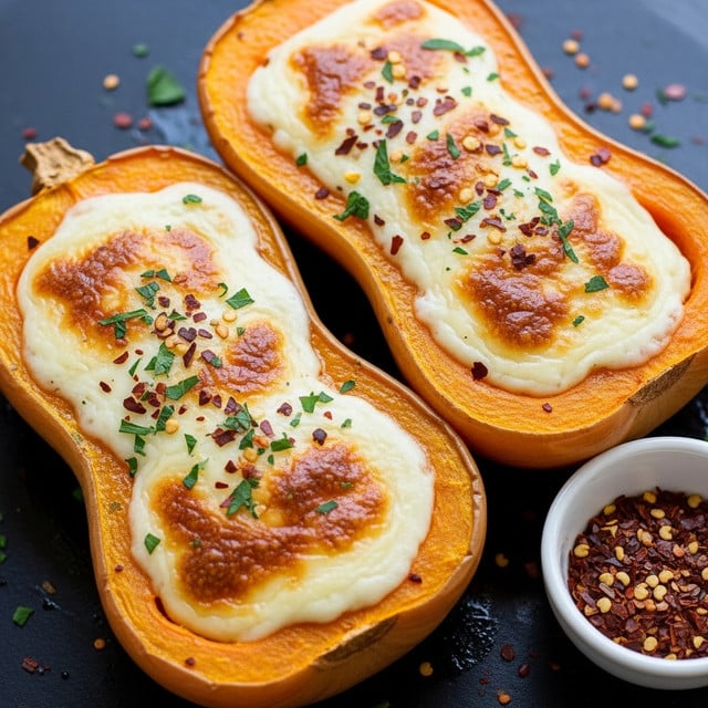 Two halves of roasted butternut squash are filled with a melted cheese layer that has browned edges and is sprinkled with green herbs and red pepper flakes on top. The squash skin is a warm orange color and surrounds the creamy, bubbly cheese filling, which has creamy white and golden brown patches. The halves are placed on a dark surface with a small white bowl filled with red pepper flakes nearby. photo taken with an iphone --ar 4:5 --v 7
