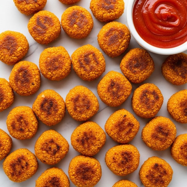 The image shows many small, golden-brown gnocchi pieces spread out on a white marbled surface, each gnocchi having a crispy outer texture with some slight charring marks. Next to the gnocchi, there is a round white bowl filled with bright red tomato sauce that has a smooth and thick appearance. The gnocchi are roughly oval shaped and have visible tiny herbs on them, giving a rustic look. The overall scene is bright and clear. photo taken with an iphone --ar 4:5 --v 7
