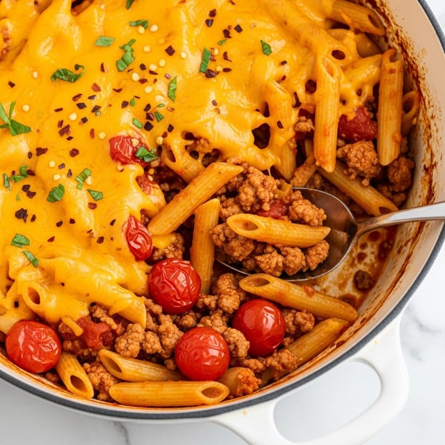 A close-up view of a dish in a white pan filled with cooked penne pasta mixed with chunks of light brown cooked ground meat and halved bright red cherry tomatoes. The pasta is covered with a thick layer of melted orange-yellow cheese, sprinkled with green herbs and small red pepper flakes. The sauce beneath the cheese appears creamy and reddish, with visible bits of meat and vegetables. A metal spoon rests inside the pan on the right side, lifting some pasta and sauce. The pan sits on a white marbled surface. photo taken with an iphone --ar 4:5 --v 7