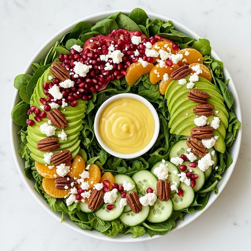 A white bowl holds a wreath-shaped salad with three main layers. The bottom layer is made of fresh, green leafy lettuce spread evenly around the bowl. On top of the lettuce, there are slices of light green avocado and pale green cucumber, bright orange mandarin slices, and dark brown pecan nuts placed all around. The top layer consists of small, red pomegranate seeds and white crumbled cheese scattered over the other ingredients. In the center of the bowl, there is a small white bowl filled with smooth, yellow salad dressing. The whole dish is set on a white marbled surface. Photo taken with an iphone --ar 4:5 --v 7