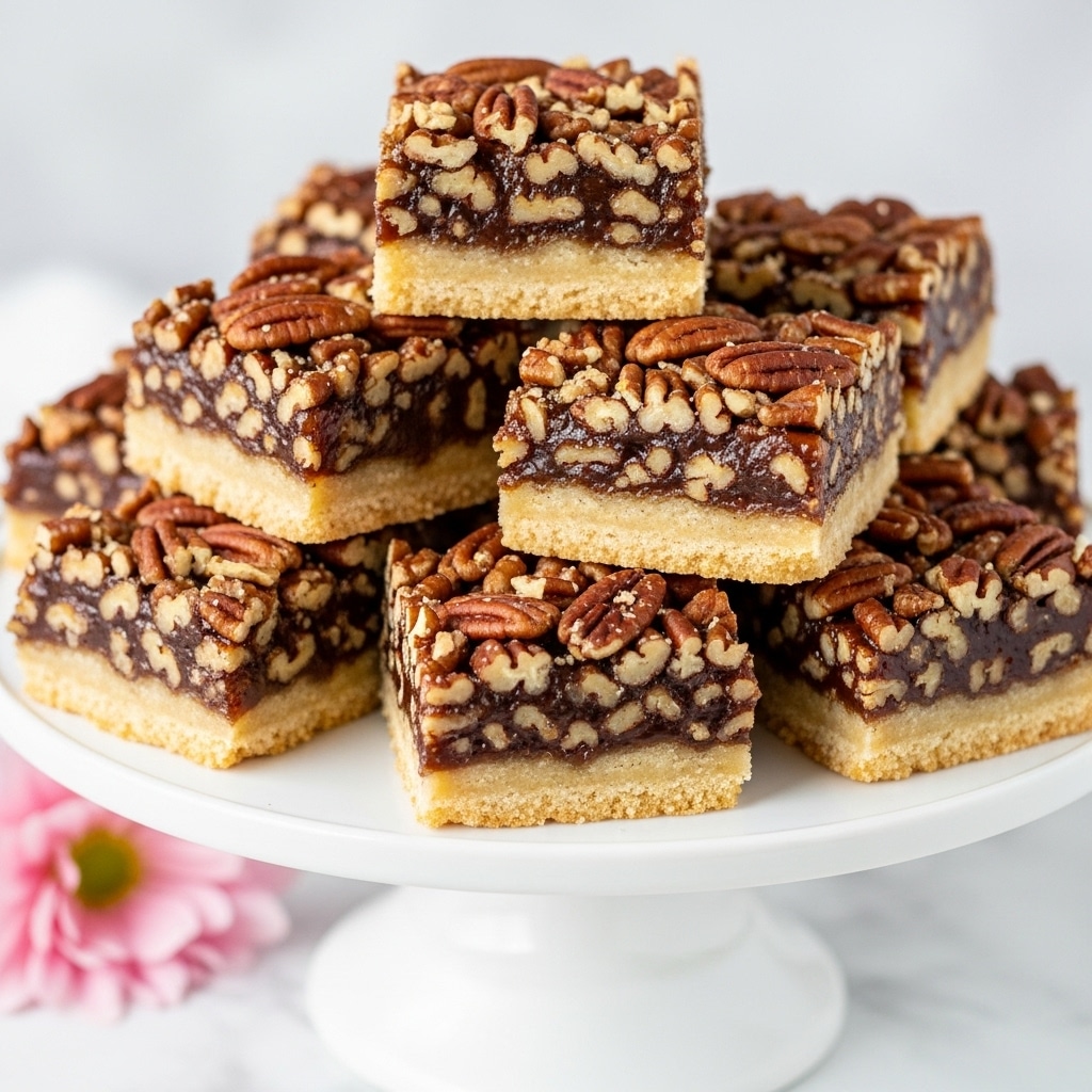 A white scalloped-edge cake stand holds a stack of Kentucky Derby Bars, each bar showing three clear layers: a light golden-brown firm base, topped by a dense middle layer filled with dark brown chopped nuts and gooey chocolate, and finished with a slightly crackled, textured top layer in a similar rich brown tone with visible nut pieces. The bars are neatly cut into square shapes and piled in a loosely arranged stack. Around the base of the stand, soft pink and white roses with green leaves provide a gentle, natural accent, all set against a white marbled surface. photo taken with an iphone --ar 4:5 --v 7