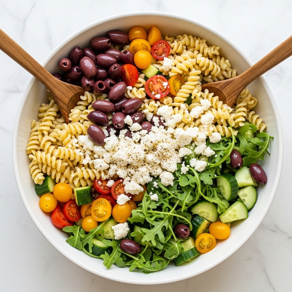 A large white bowl filled with a colorful pasta salad layered with pale yellow curly rotini pasta, dark purple olives, small bright red and yellow cherry tomato halves, chunks of fresh green cucumber, and scattered green leafy arugula. Crumbled white feta cheese pieces are spread evenly on top, adding texture contrast. Two wooden salad spoons rest inside the bowl slightly mixing the ingredients. The bowl sits on a white marbled surface with a soft, natural light highlighting the fresh colors. Photo taken with an iphone --ar 4:5 --v 7