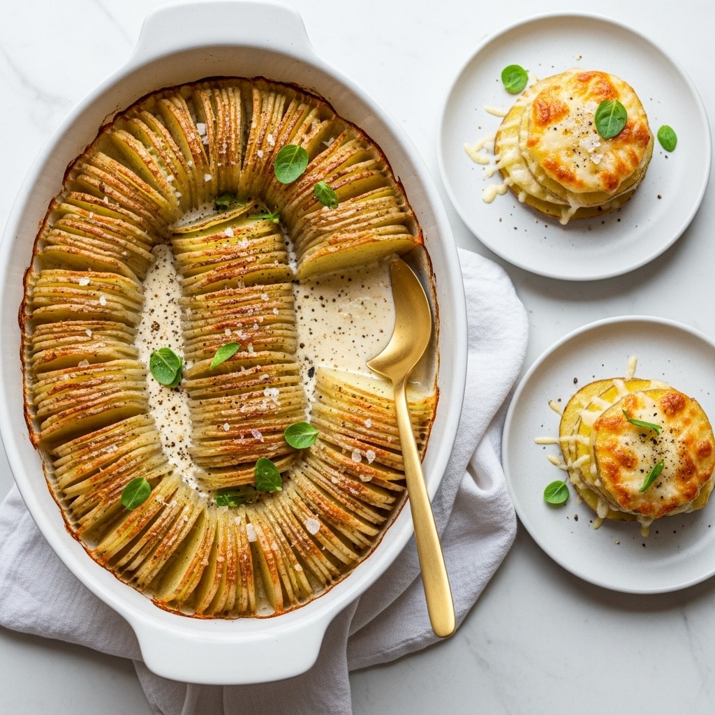 This dish shows thinly sliced potatoes arranged in curved, layered rows inside a white oval baking dish. The potato layers are golden brown and crispy on top, with a creamy sauce visible between them. Small green herb leaves are scattered on top, along with coarse salt and black pepper. A gold spoon rests sideways inside the dish, resting on the creamy sauce. Nearby, two small white plates hold similar sliced potato stacks with melted cheese on top, placed on a white marbled surface. A white cloth napkin is partially tucked under the baking dish. photo taken with an iphone --ar 4:5 --v 7