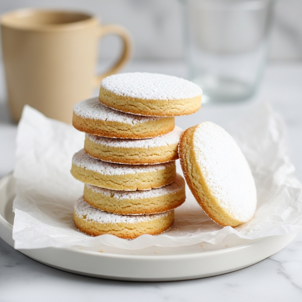 The image shows a stack of round cookies on a white plate lined with parchment paper. The cookies have a light brown color with sugary or powdered sugar dusted on top, giving a slightly textured look. There are about two layers of cookies, with some stacked vertically and others lying flat around the base. The background includes a blurred cup and glass on a white marbled surface. photo taken with an iphone --ar 4:5 --v 7