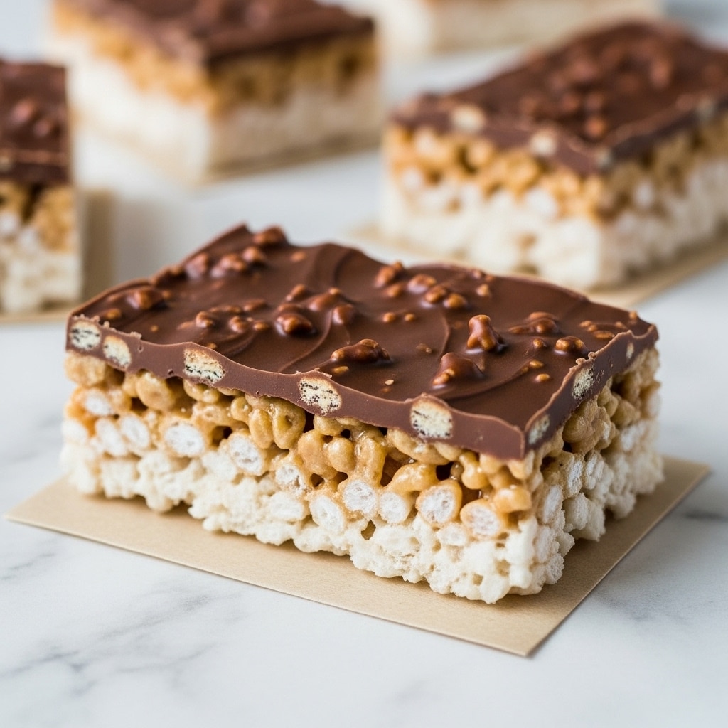 The image shows a close-up of a single rectangular chocolate crispy rice treat bar. The bar has two layers: the bottom layer is made of crunchy white-puffed rice mixed tightly with a light brown chocolate coating, giving it a bumpy texture. The top layer is a smooth, glossy, darker brown chocolate with small crisp bits scattered throughout, adding a slightly rough texture. The bar is placed on a small square piece of plain light brown paper, sitting on a white marbled surface. Other similar bars are out of focus in the background. Photo taken with an iphone --ar 4:5 --v 7
