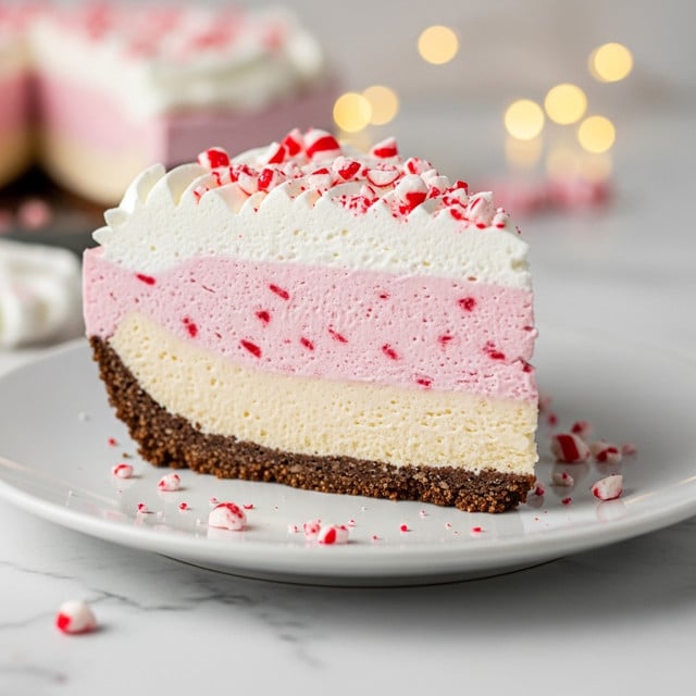 A slice of creamy pie is shown on a white plate sitting on a white marbled surface. The pie has three layers: a dark brown crumbly crust at the bottom, a thick light pink mousse-like middle layer with small red specks, and a fluffy white whipped cream topping decorated with crushed red peppermint candy pieces. Some crushed candy also scatters on the plate around the slice. The background is softly blurred with warm yellow lights. photo taken with an iphone --ar 4:5 --v 7