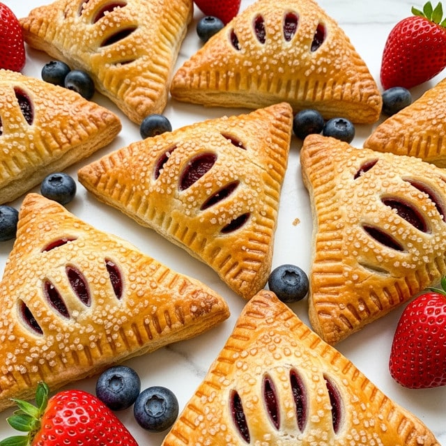 The image shows several golden-brown triangular pastries arranged closely on a white marbled surface. Each pastry has a flaky, crispy crust sprinkled with coarse sugar, and small slits on top reveal a deep red berry filling inside. The edges of the pastries are pressed with a fork, creating a textured border. Around the pastries, there are fresh whole strawberries and blueberries adding vibrant red and blue colors to the scene. The photo has warm lighting that highlights the shiny, baked surface of the pastries. photo taken with an iphone --ar 4:5 --v 7