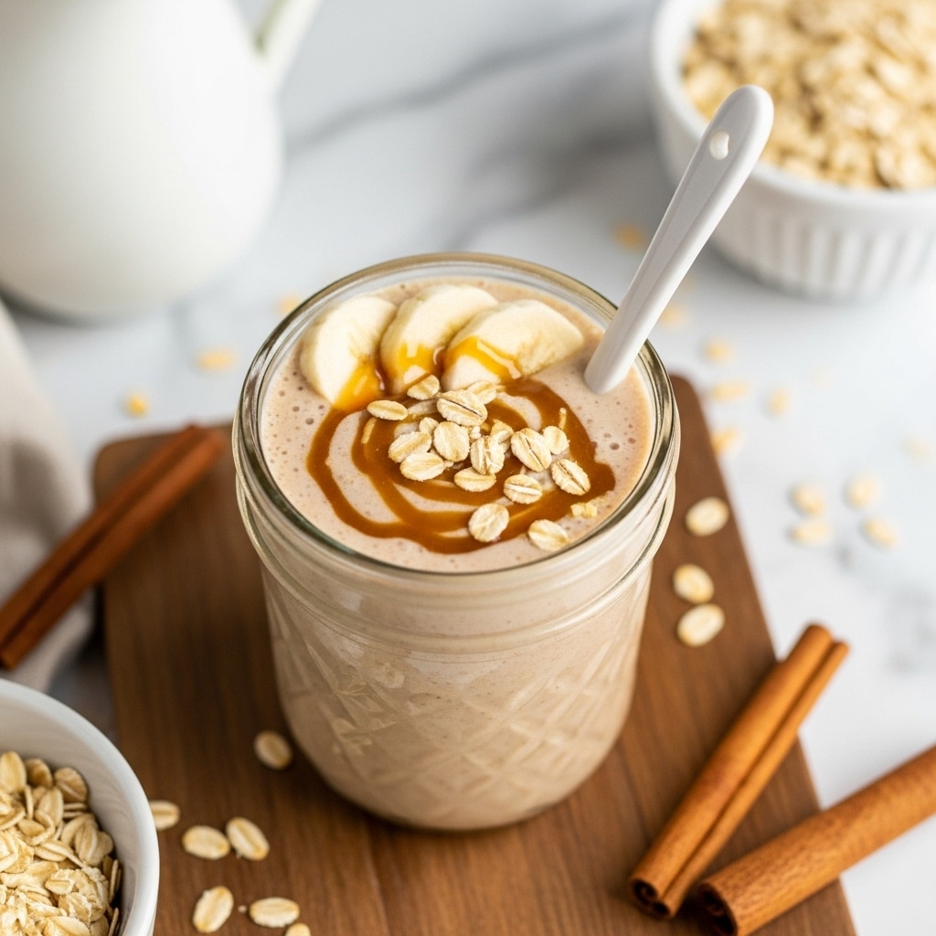The image shows a small clear glass jar filled with a creamy beige smoothie. On top, there are thin slices of banana, a swirl of golden caramel sauce, and some oat flakes scattered for texture. A white spoon sticks out from the jar, angled slightly to the right. The jar is placed on a wooden table, and around it, there are oats, cinnamon sticks, and part of a white pitcher and a white bowl of oats, all on a white marbled surface. Photo taken with an iphone --ar 4:5 --v 7