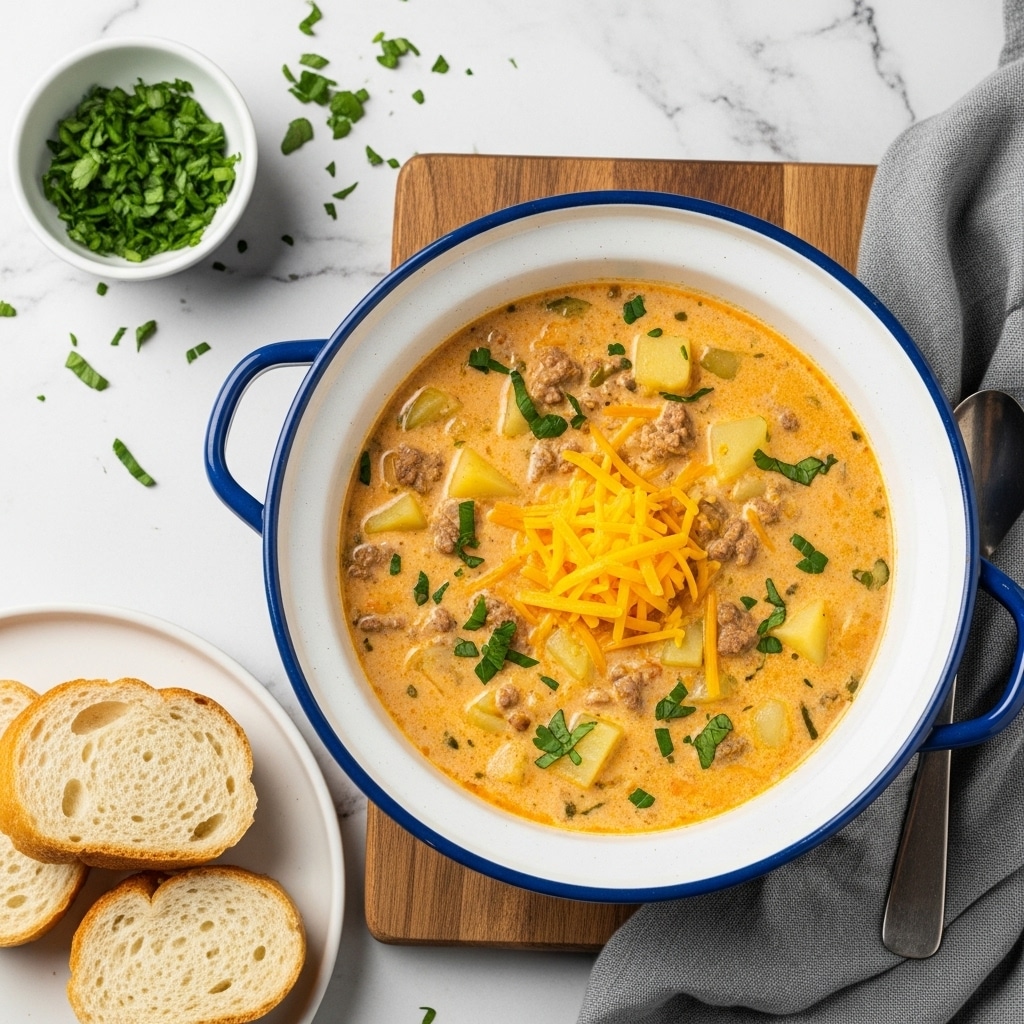 A shallow blue enameled pot filled with creamy soup that has a light orange color with small green herb pieces scattered throughout. In the center of the soup, there is a small pile of shredded bright yellow cheese on top. On the wooden surface nearby, there are a few slices of white bread on a round white plate and a small bowl containing finely chopped fresh green herbs. The background has a white marbled texture with some loose green herbs scattered around, and a gray cloth is partially visible in the corner. Photo taken with an iphone --ar 4:5 --v 7