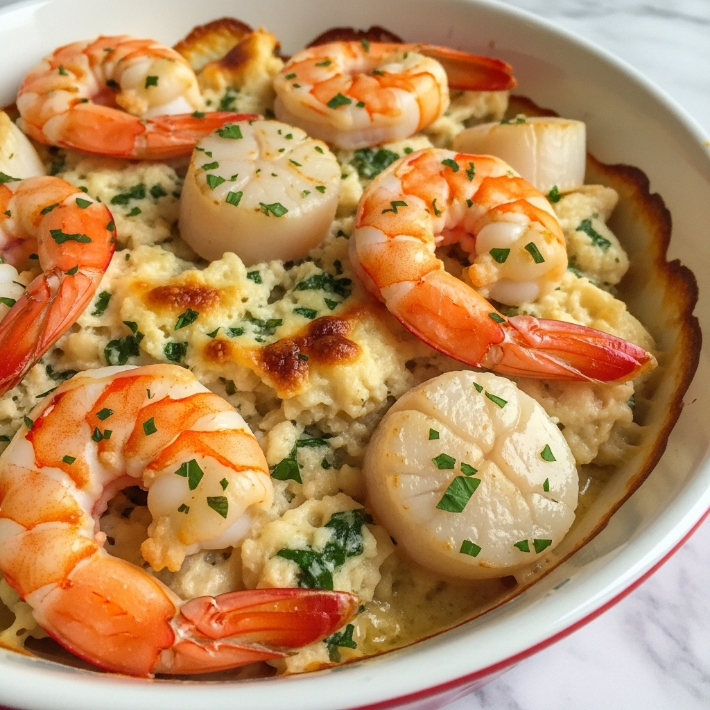 Seafood Casserole with Haddock, Scallops, and Shrimp in Creamy Swiss Cheese Sauce Recipe
