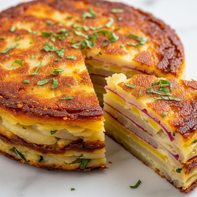The image shows a round stack of three crispy layers of golden brown hash browns with a shiny, slightly oily texture. The outer edges are crunchy and browned, while the inside layers look soft, moist, and creamy with a pale yellow color. There are small specks of green herbs sprinkled on top, adding a touch of color. One slice is cut out, revealing the smooth interior and layered structure. The stack sits on a white marbled surface. photo taken with an iphone --ar 4:5 --v 7