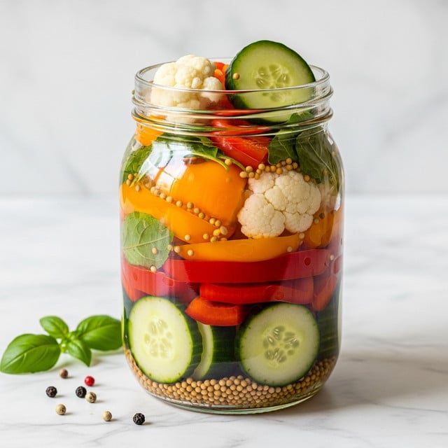 A clear glass jar filled with colorful pickled vegetables is placed on a white marbled surface. The bottom layer has slices of green cucumber and bright red bell peppers. Above this is a mix of orange bell pepper pieces and florets of white cauliflower, creating a textured contrast. A few green leafy herbs and mustard seeds are scattered among the vegetables, adding speckles of yellow and green. The jar is packed tightly with these vibrant layers, showing a mix of round cucumber slices, chunky cauliflower, and crisp bell pepper strips throughout. Some peppercorns and basil leaves are scattered next to the jar on the white marbled surface. photo taken with an iphone --ar 4:5 --v 7