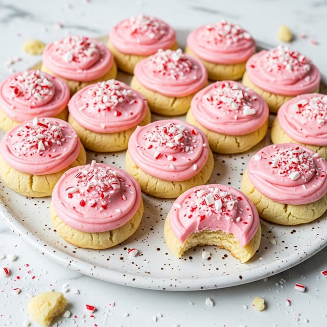 A white speckled plate holds a dozen soft round cookies, each topped with a thick layer of light pink frosting that looks creamy and swirled. The frosting is sprinkled with small, crushed candy cane pieces in white and red, creating a festive look. One cookie is bitten to show its soft, pale golden inside. Crumbs surround the plate on a white marbled surface. Photo taken with an iphone --ar 4:5 --v 7
