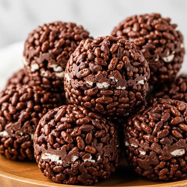 The image shows a close-up of several round chocolate rice crispy treats piled on a wooden plate, each ball made from shiny dark brown melted chocolate coating puffed rice cereal deeply layered throughout, creating a bumpy texture. The treats are stacked closely, showing the rough, uneven surface formed by the rice grains embedded in the chocolate. The background has a soft focus with a white marbled texture, adding contrast to the rich chocolate colors. photo taken with an iphone --ar 4:5 --v 7