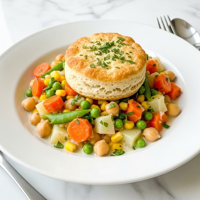 A white shallow bowl filled with creamy vegetable stew showing layers of soft diced orange carrots, light green peas, yellow corn, white potatoes, and beige chickpeas all mixed in a white sauce, topped with a round, golden-brown biscuit sprinkled with chopped fresh green parsley. The dish sits on a white marbled surface with a silver fork nearby. photo taken with an iphone --ar 4:5 --v 7