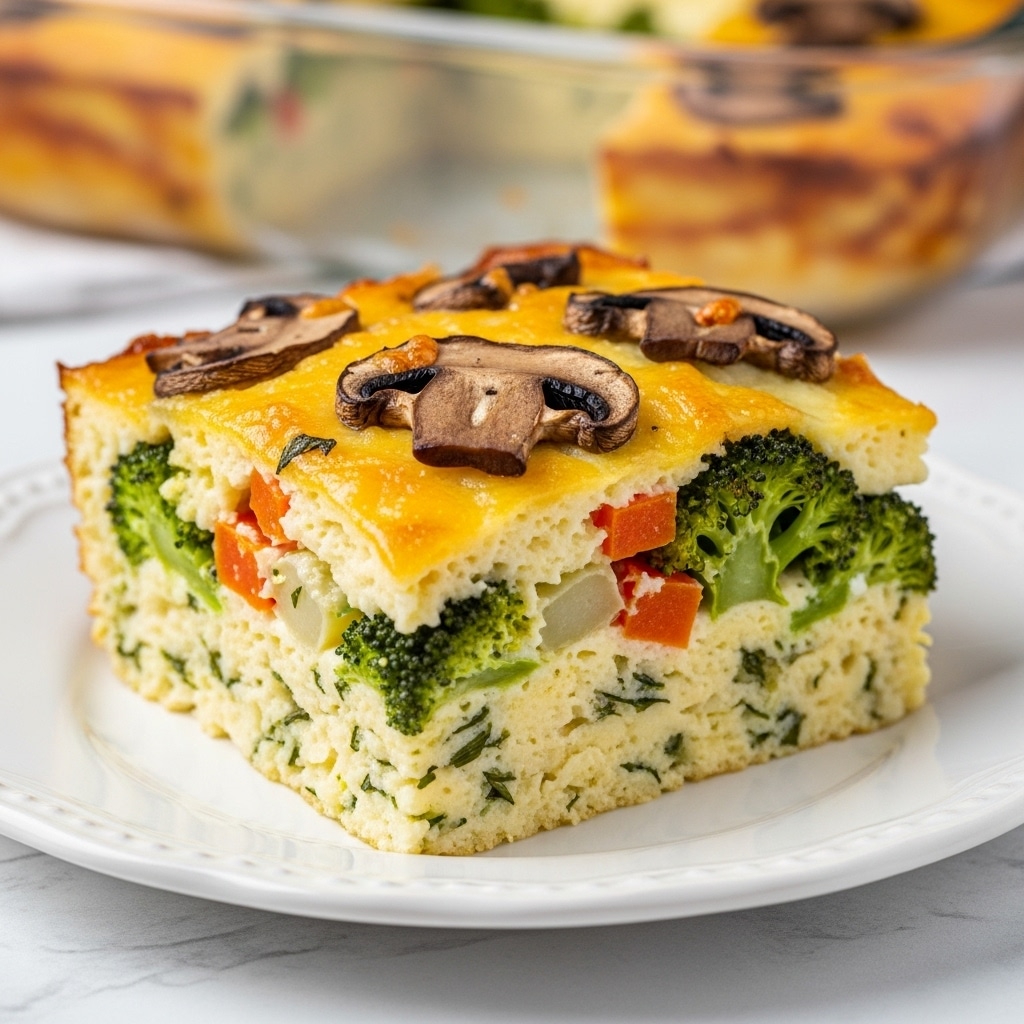 A glass rectangular baking dish holds a baked casserole with a golden brown top layer dotted with pieces of dark mushrooms, green broccoli florets, and light green herbs. Beneath the top, there are chunks of toasted bread that are crisp and golden. The base looks creamy with small bits of melted cheese and small pieces of ham or onion mixed throughout. The dish rests on a white marbled surface. photo taken with an iphone --ar 4:5 --v 7