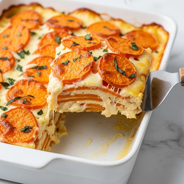 A close-up of a baked casserole with three visible layers of thinly sliced, orange sweet potatoes neatly arranged in rows on top, showing a slightly crispy, browned surface with small green herb leaves scattered across. The middle layer underneath the sweet potatoes is creamy and pale yellow, bubbling around the edges. The bottom layer is not fully visible but appears soft and moist from the cheese and sauce. A metal spatula with a wooden handle lifts one piece from a white rectangular baking dish, showing the layers and melted cheese stretching slightly. The dish sits on a white marbled surface. photo taken with an iphone --ar 4:5 --v 7