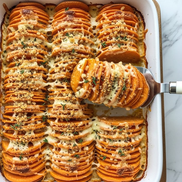 A white baking dish filled with layered sliced sweet potatoes arranged standing vertically in neat rows, showing about three main rows across the dish. Each thin slice is bright orange with a slightly charred golden brown crust on top, speckled with fresh green thyme leaves and black pepper. The layers are topped with a creamy, bubbly cheese sauce with a shiny, melted texture, and a light sprinkling of browned breadcrumbs. A metal spatula with a white handle is lifting one served portion from the dish, showing the layered, soft texture of the cooked sweet potatoes soaked in the creamy sauce. The dish rests on a wooden surface next to a white marbled texture. photo taken with an iphone --ar 4:5 --v 7