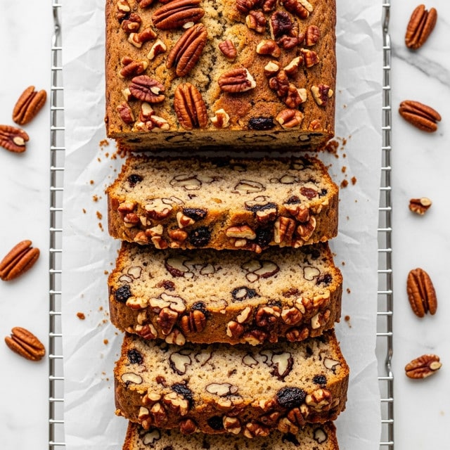 The image shows a loaf of nut bread sliced into five pieces, arranged in a row on white parchment paper atop a metal cooling rack. The bread has a golden brown crust and a soft, light brown interior dotted with large chunks of dark brown nuts and smaller darker spots, likely spices or dried fruit. There are pecans scattered around the bread on a white marbled surface. The texture of the bread looks moist and slightly crumbly with visible nut pieces spread throughout each slice. Photo taken with an iphone --ar 4:5 --v 7