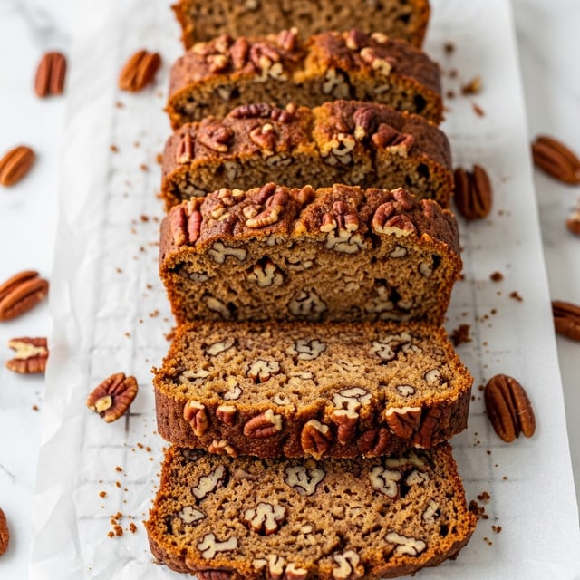 The image shows several slices of nut bread arranged in a row on a white parchment paper that covers a cooling rack, with some whole pecans scattered around. Each slice has a warm golden-brown crust with a soft, dense inside filled with pieces of pecan nuts, giving it a textured look with dark and light brown spots. The crust is slightly darker and firm, while the inside is moist with visible nut chunks spread evenly throughout. The scene is set on a white marbled surface. Photo taken with an iphone --ar 4:5 --v 7