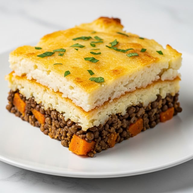 A square piece of layered shepherd’s pie sits on a white plate placed on a white marbled surface. The dish has three visible layers: the bottom layer is a mixture of small dark lentils and orange-colored chunks, likely vegetables, with a soft texture. Above this is a thick smooth middle layer of creamy mashed potatoes. The top layer is golden brown and slightly crispy mashed potatoes with a toasted texture, sprinkled with small green herb pieces for garnish. The edges show the layers clearly with some lentils and vegetables spilling slightly onto the plate. Photo taken with an iphone --ar 4:5 --v 7