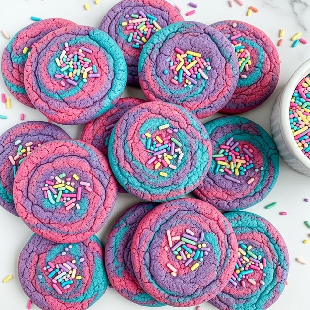 A pile of round, thick cookies with swirls of bright purple, pink, blue, and white colors, each cookie topped with small, thin, multicolored sprinkles scattered on top. The cookies have a soft, crumbly texture and are placed close together on a flat surface with a white marbled texture, some sprinkles scattered around. In the corner, part of a white bowl filled with more multicolored sprinkles is visible. photo taken with an iphone --ar 4:5 --v 7