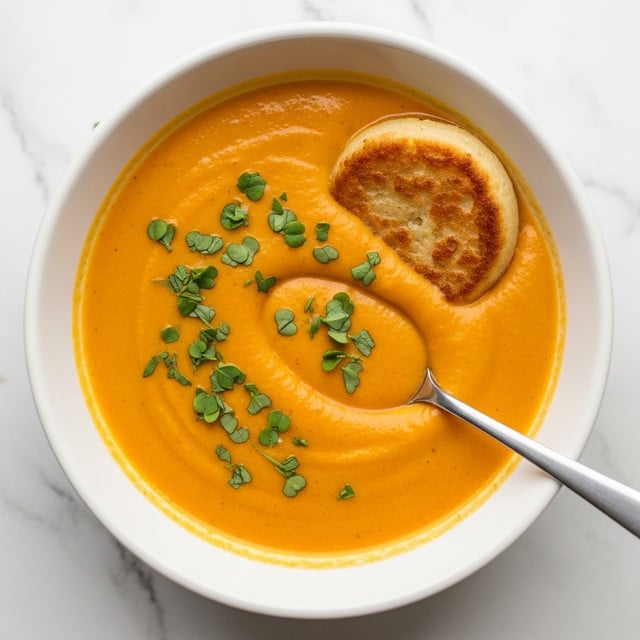 A white bowl filled with creamy orange soup that has a smooth texture and small green herbs sprinkled on top. One side of the bowl shows a golden-brown round bread piece partially dipped into the soup. A silver spoon with a little soup and herbs rests inside the bowl. The background is a white marbled surface. photo taken with an iphone --ar 4:5 --v 7