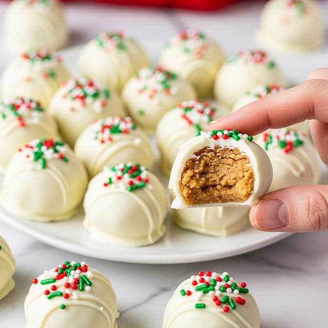 The image shows a close-up of white chocolate-covered peanut butter balls shaped into small round bites. Each bite is coated with a smooth white chocolate layer, decorated on top with small red, green, and white sprinkles. One bite is held by a woman's hand in the foreground, partially bitten to show a light brown, crumbly peanut butter filling inside. The rest of the white chocolate peanut butter balls are arranged on a white plate, sitting on a white marbled surface with a red blurry background. Photo taken with an iphone --ar 4:5 --v 7